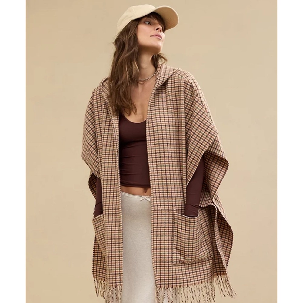 Aerie Plaid Hooded Poncho Women O/S Brown Fringe Wrap X880